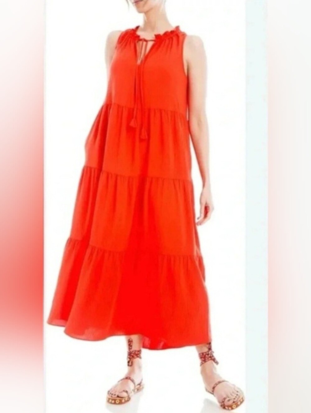 Max Studio Sleeveless Orange/Red Tiered Maxi Dress with Tie Neck Sz XL